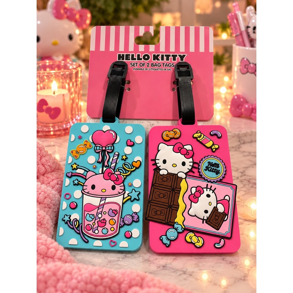 Hello Kitty Sanrio Set of 2 Bag Tags Boba Tea Chocolate Pink Blue Luggage Tags